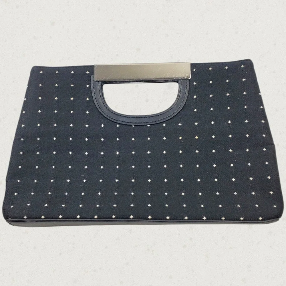 White House Black Market Black Embroidered Geometric Metal Bar Handle Clutch Bag - Picture 3 of 8